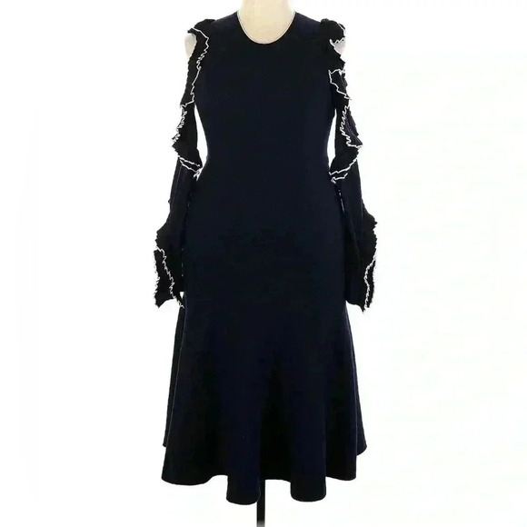 Oscar de la Renta Midi Dress XL Wool Black Cut Out Ruffle Long Sleeve Cocktail - Picture 6 of 16